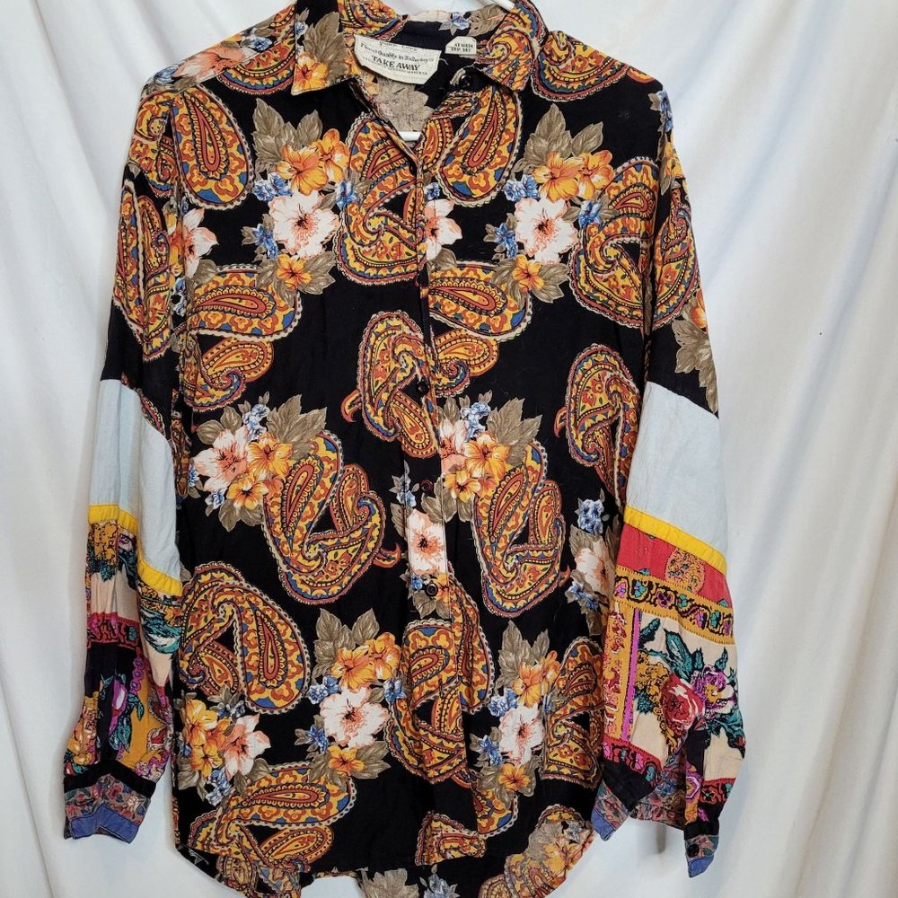 Vintage Paisley Blouse Button Front Boho Rayon Made In India